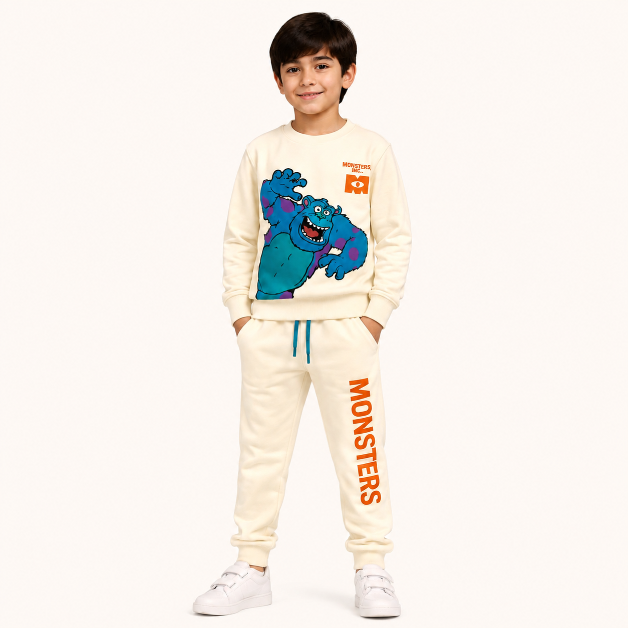 Boys Cream Winter Tracksuit – Monster Graphic 2 Piece Suit