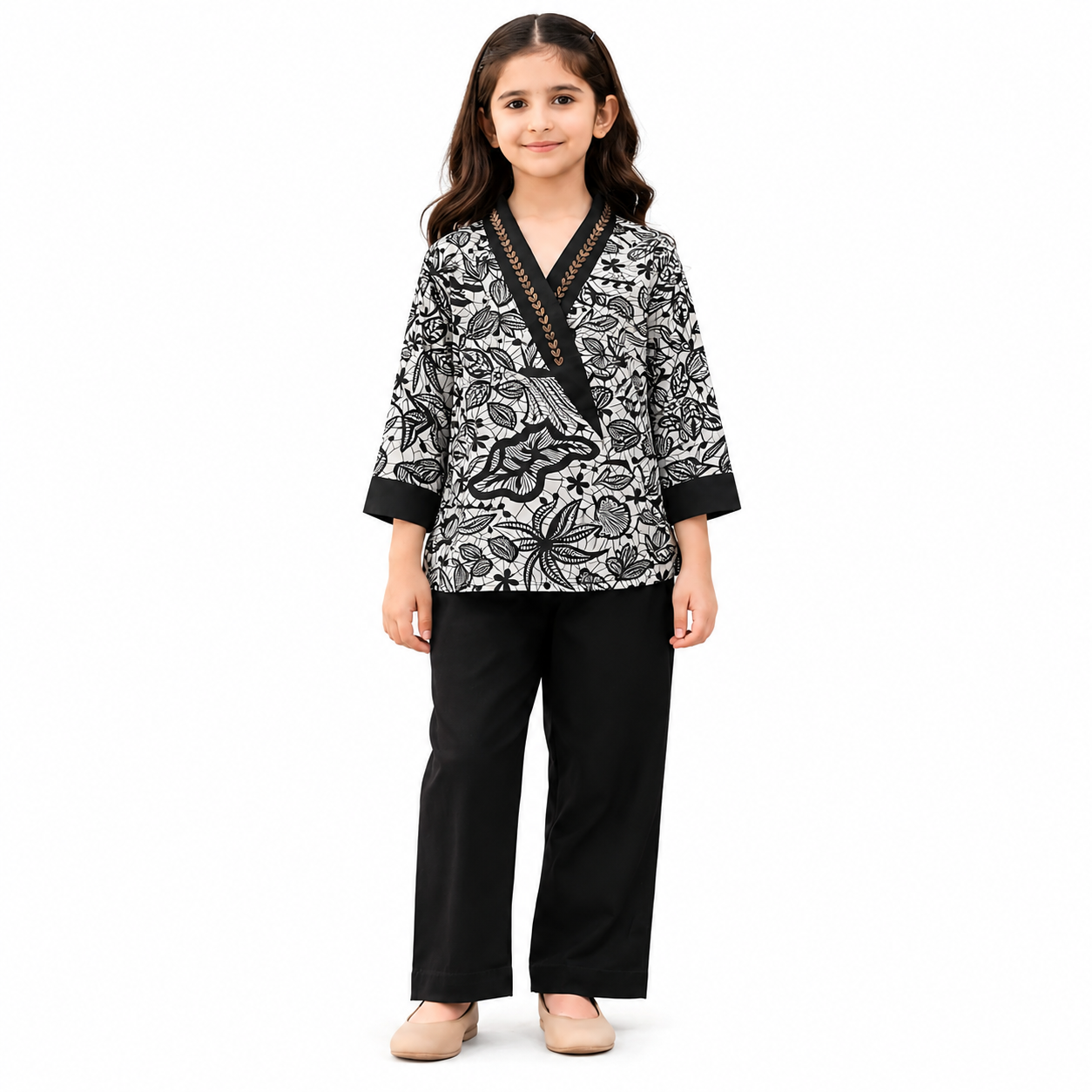 Girls Black & White Botanical Printed 2 Piece Suit