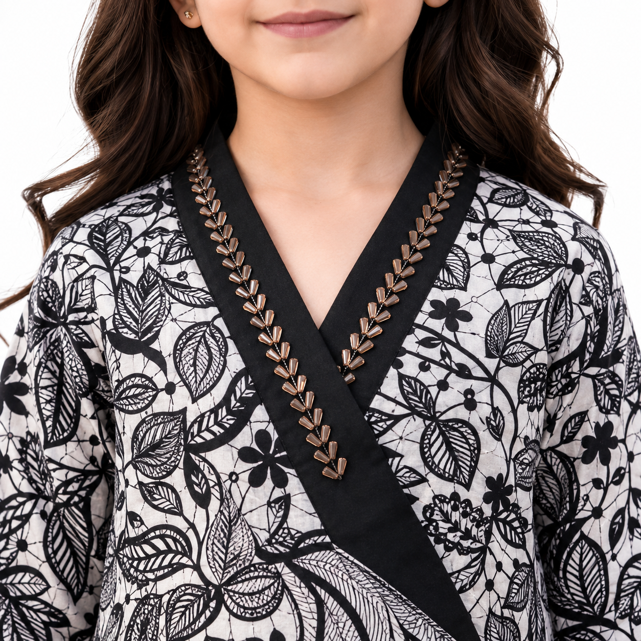 Girls Black & White Botanical Printed 2 Piece Suit — alternate view