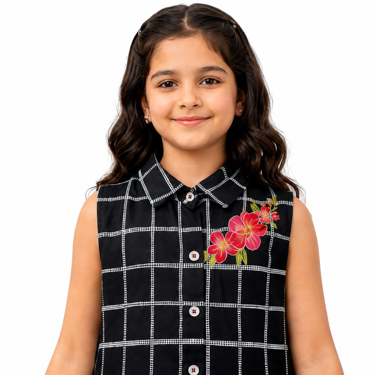 Girls Black & White Checkered Embroidered Sleeveless Co-Ord Set — alternate view