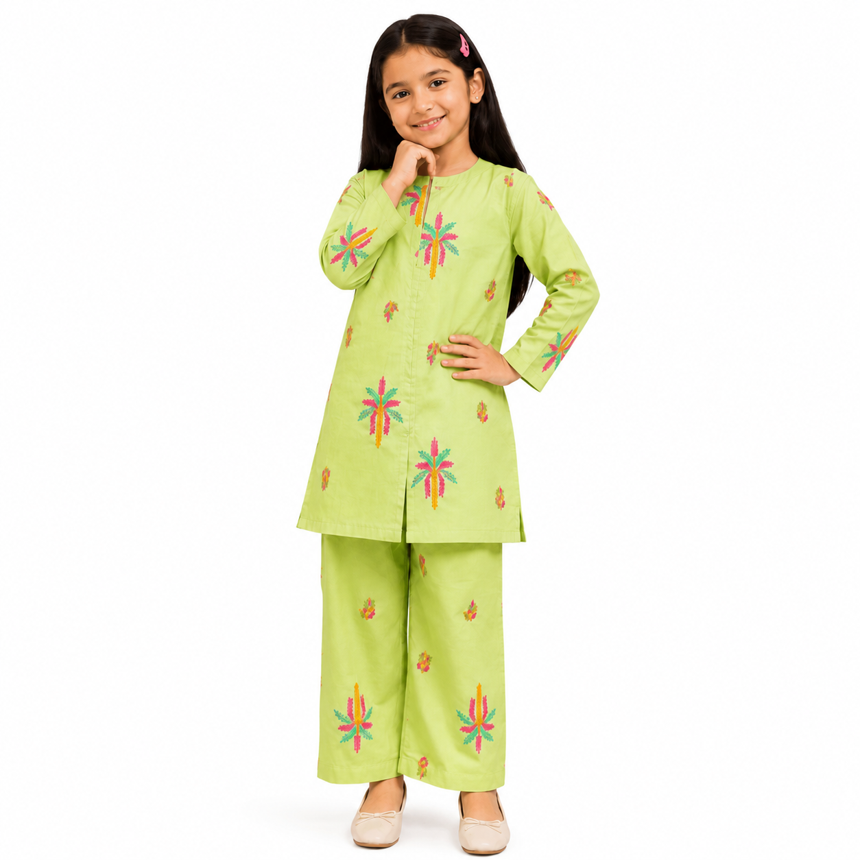 Girls Light Lime Green Embroidered Cotton Suit – Premium Kids Wear