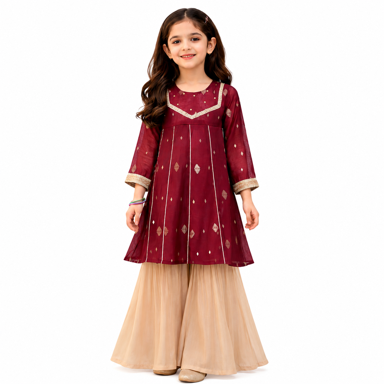 Girls Maroon Embroidered Kurti with Beige Sharara
