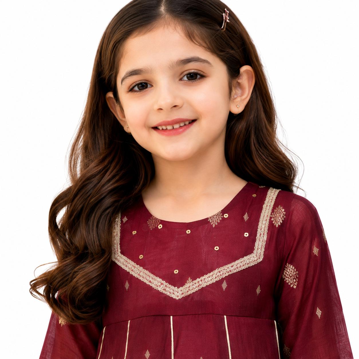 Girls Maroon Embroidered Kurti with Beige Sharara — alternate view