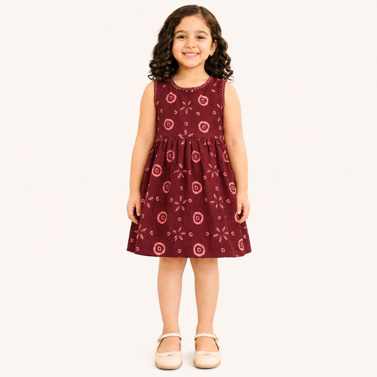 Girls Maroon Printed Cotton Sleeveless Dress