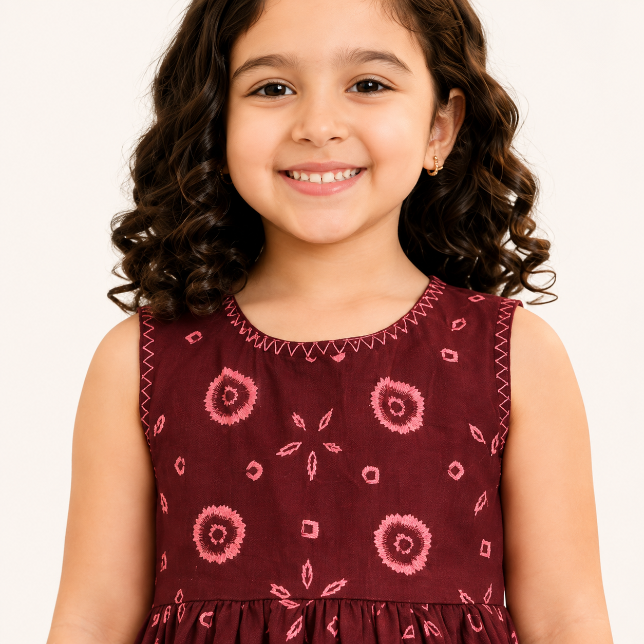 Girls Maroon Printed Cotton Sleeveless Dress — alternate view