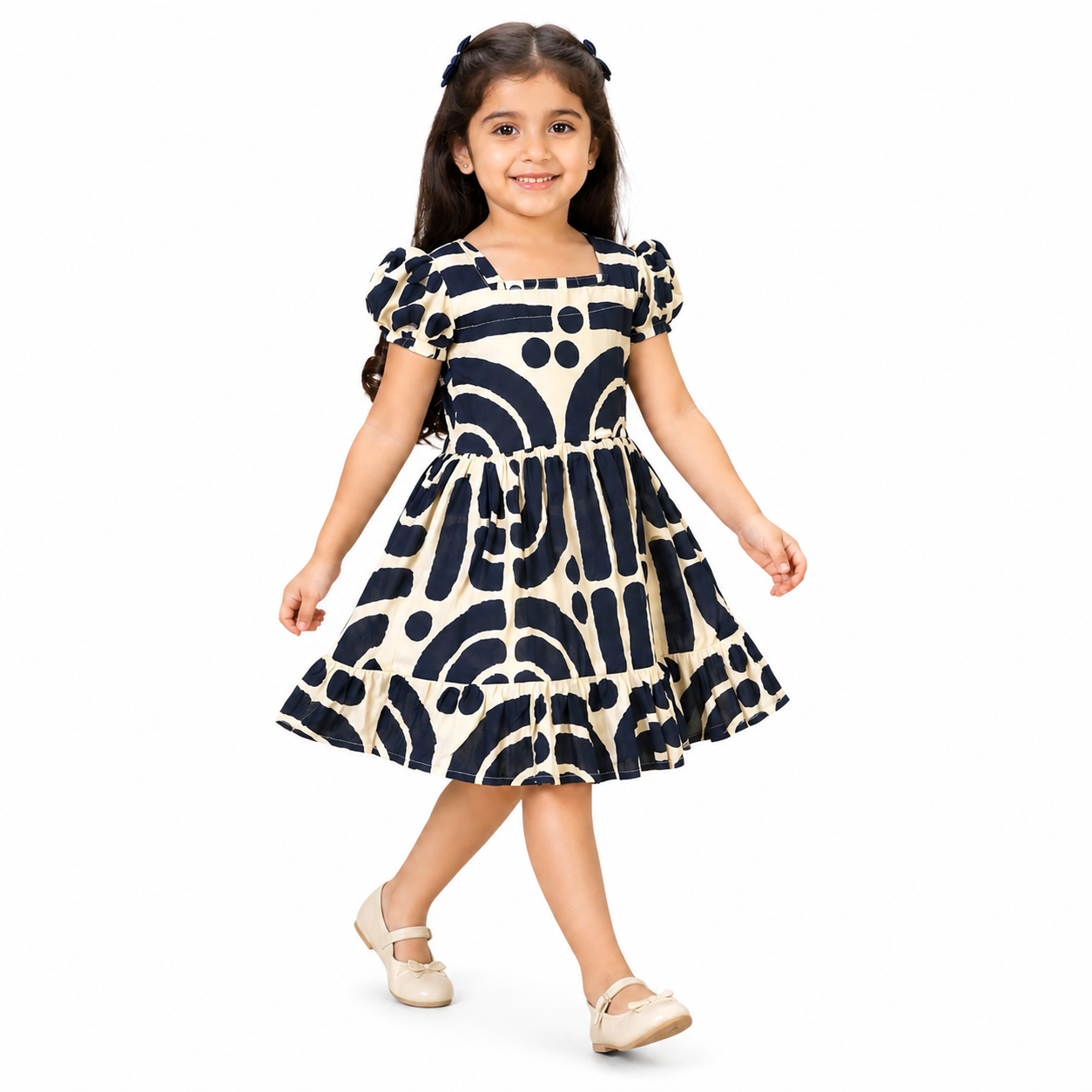 Girls Navy Blue & Cream Printed Cotton Frock – Premium Kids Dress
