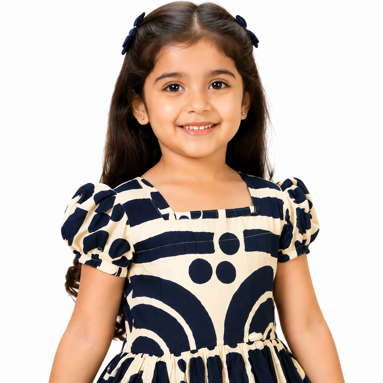 Girls Navy Blue & Cream Printed Cotton Frock – Premium Kids Dress — alternate view