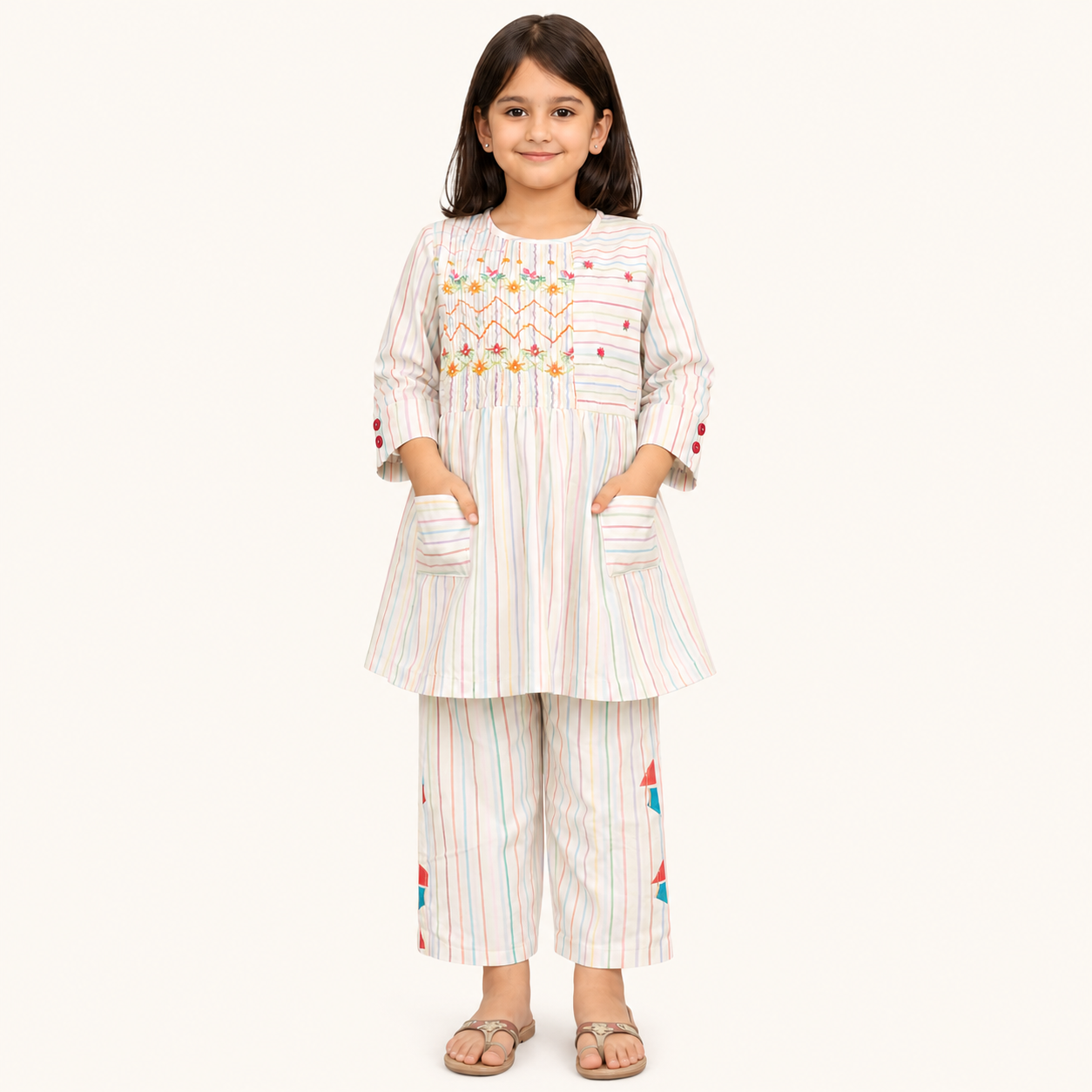 Girls Pastel Stripe Embroidered Cotton 2 Piece Suit