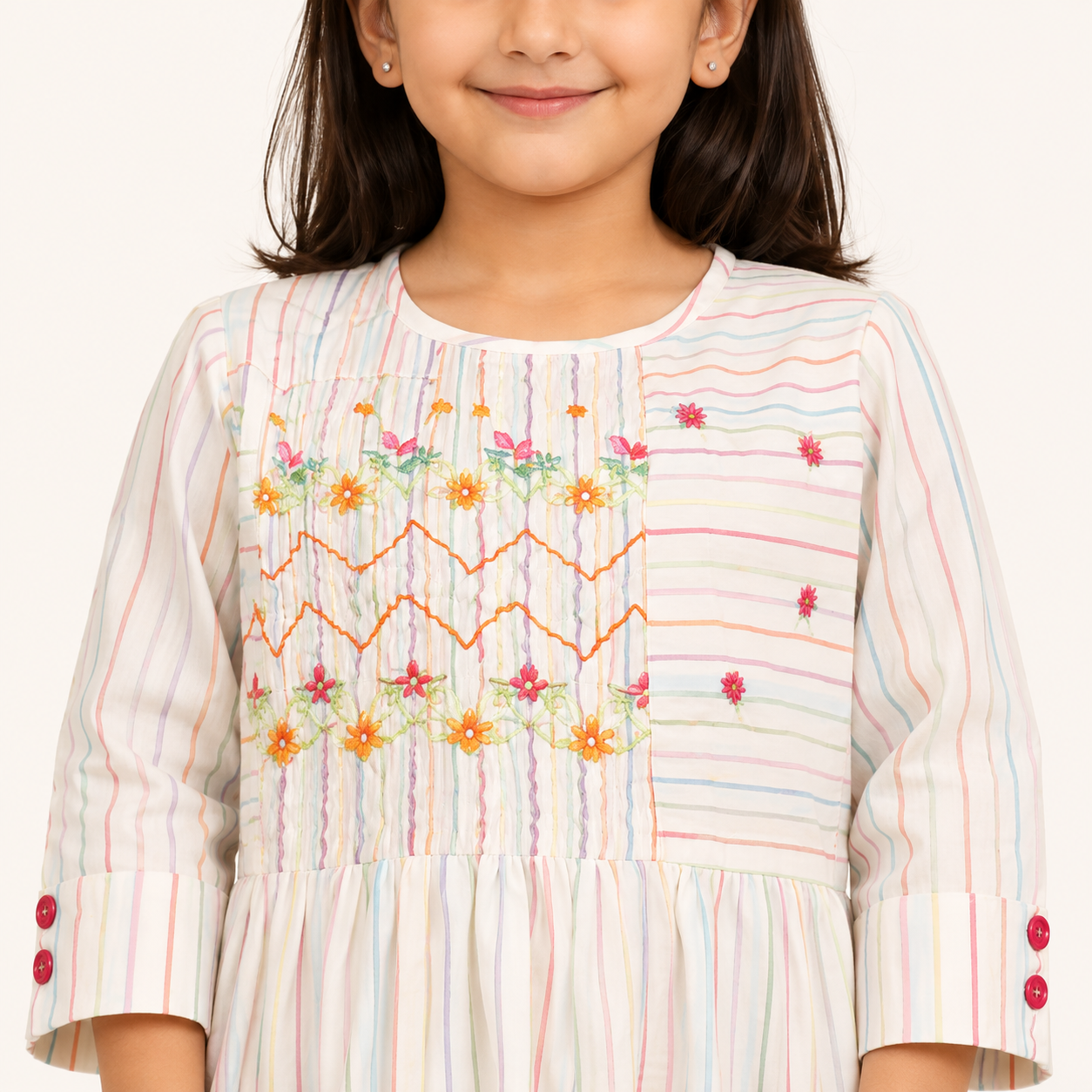 Girls Pastel Stripe Embroidered Cotton 2 Piece Suit — alternate view