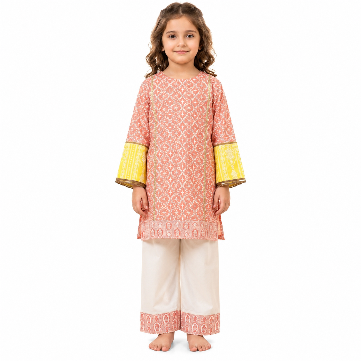 Girls Peach Printed 2 Piece Suit