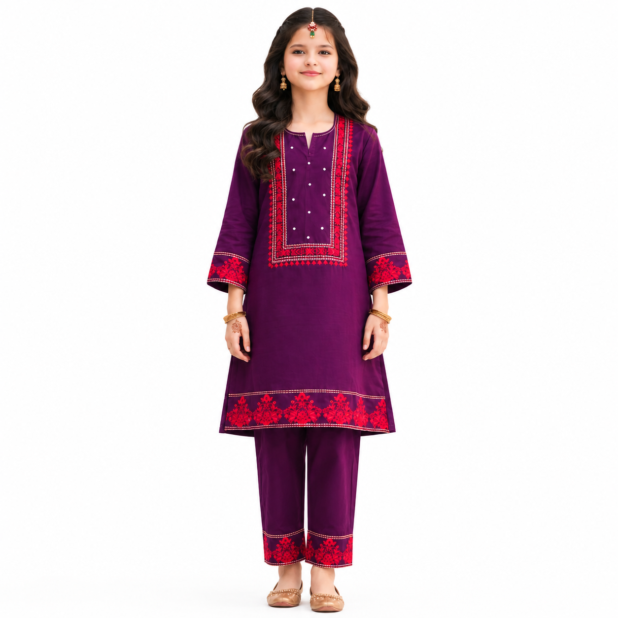 Girls Purple Embroidered Cotton Suit – Premium Kids Ethnic Wear