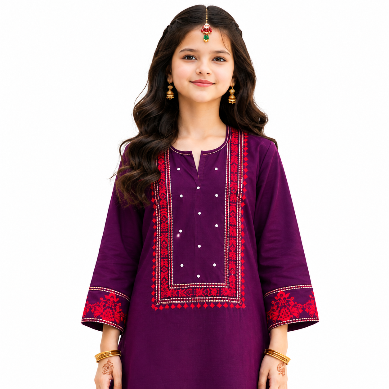 Girls Purple Embroidered Cotton Suit – Premium Kids Ethnic Wear — alternate view