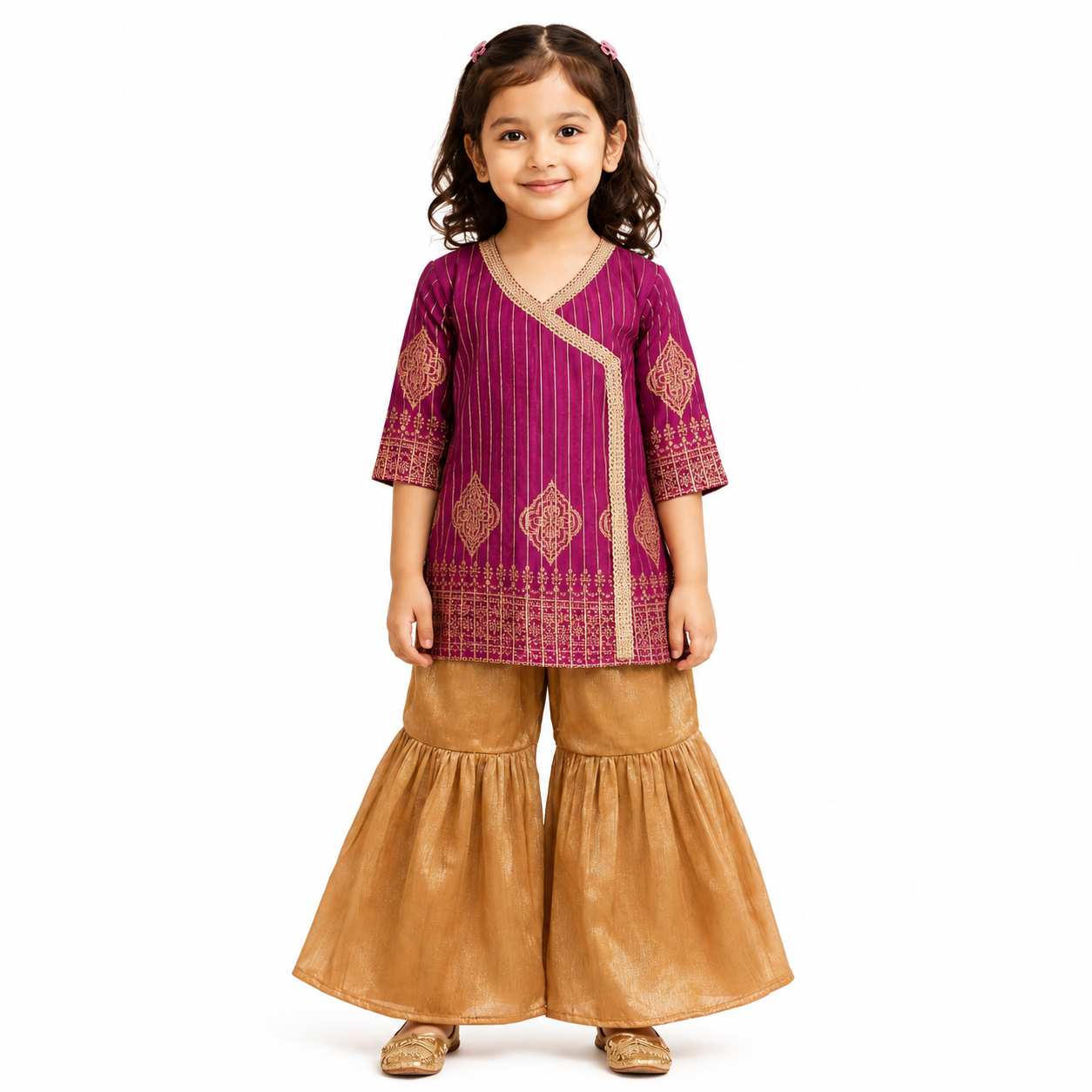 Girls Purple Kurti with Golden Sharara Set