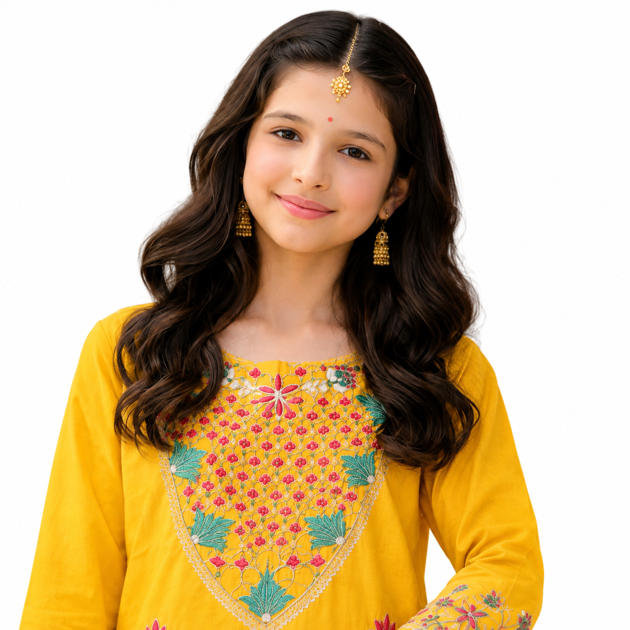 Girls Yellow Embroidered Kurta Trouser Set — alternate view