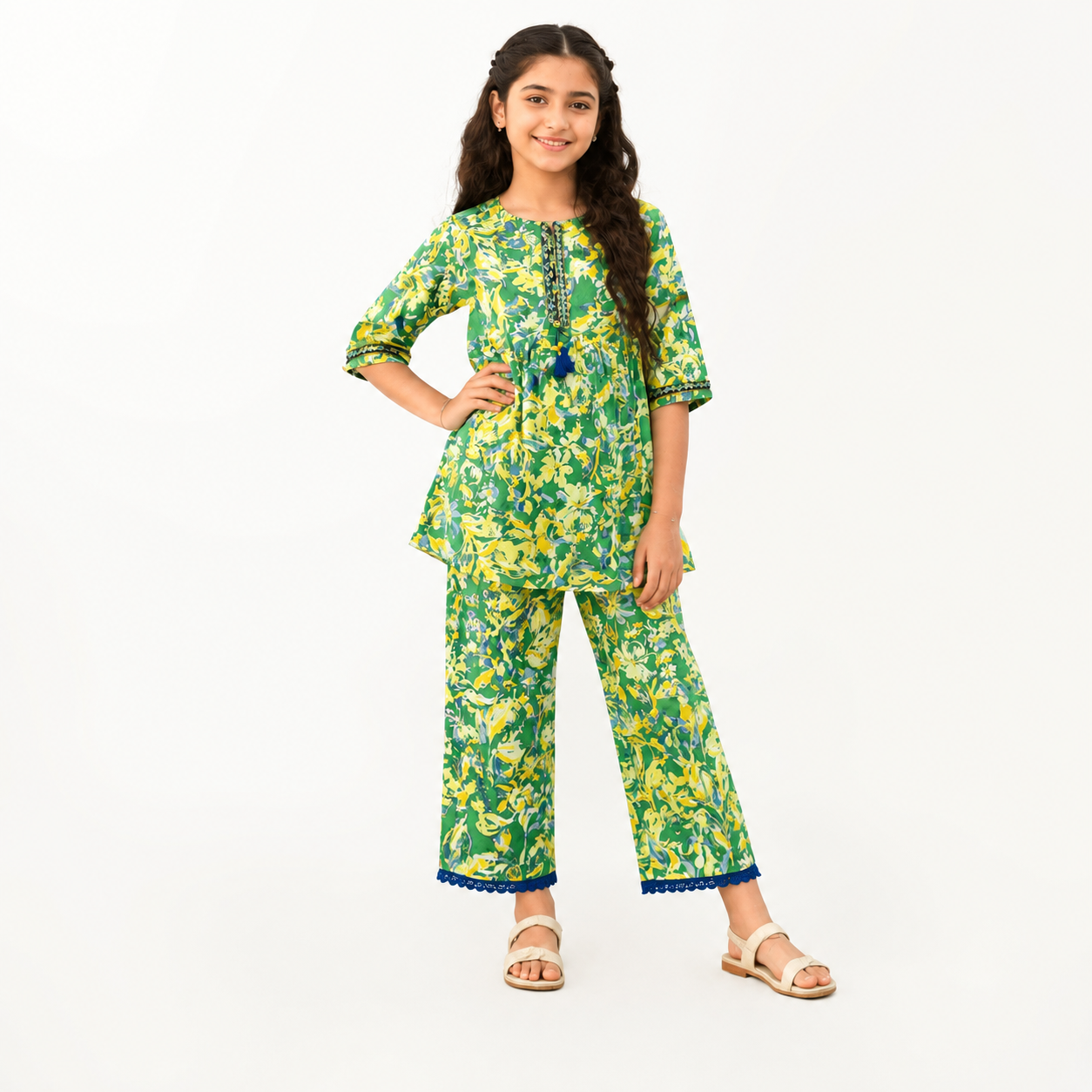 Green Floral Printed Girls Co-Ord Set
